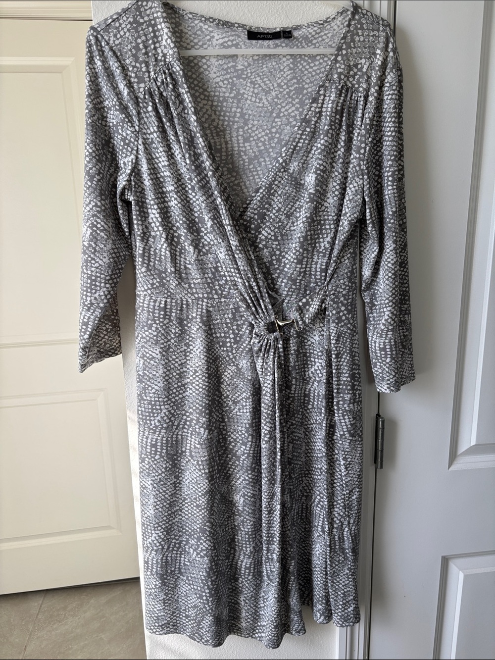 Apt. 9 Gray and White Printed Faux-Wrap Midi Dress